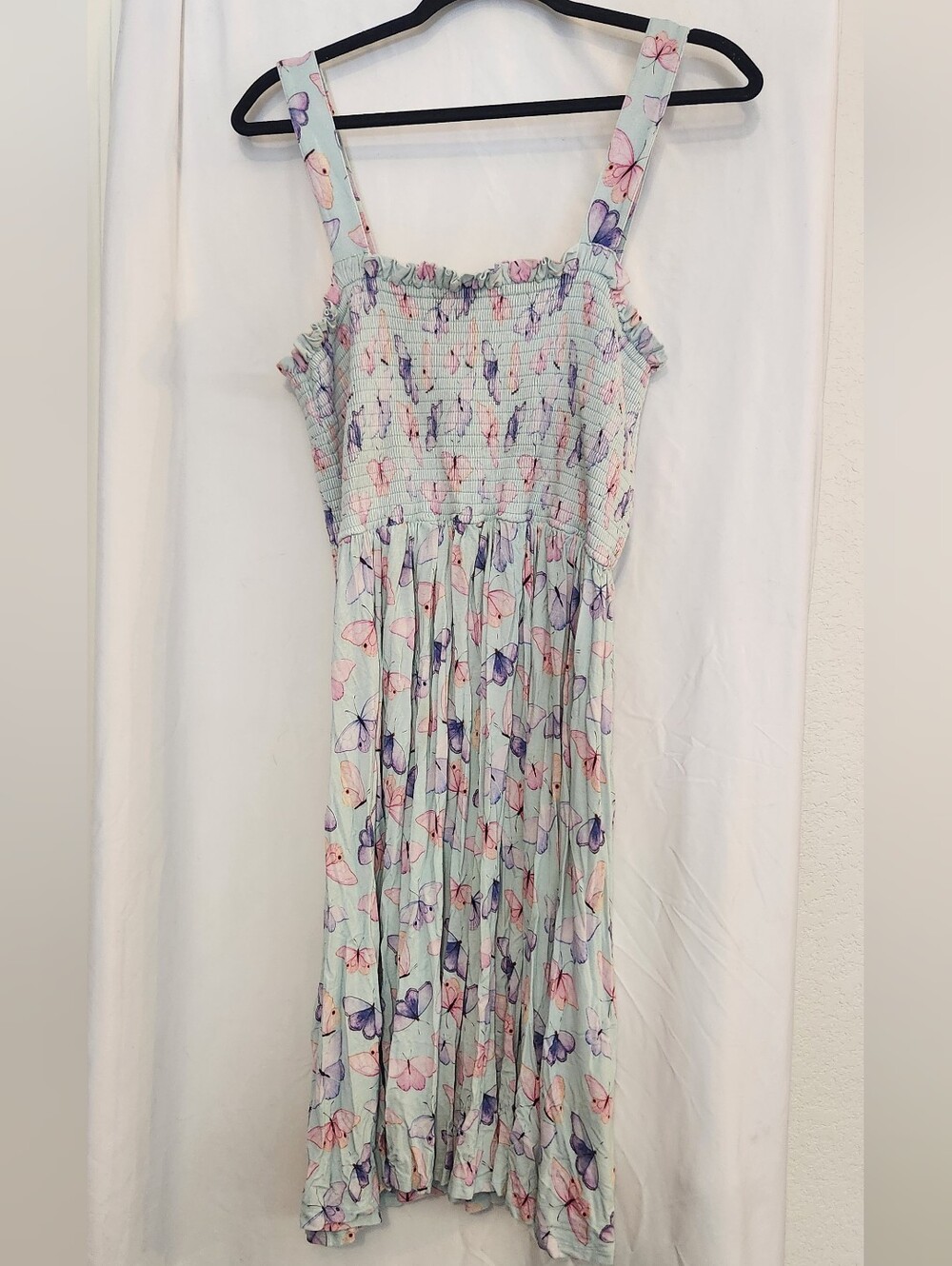 Womens Posh Peanut Light Blue Butterfly Print Stretch Ruffle Sundress, 2X/3X